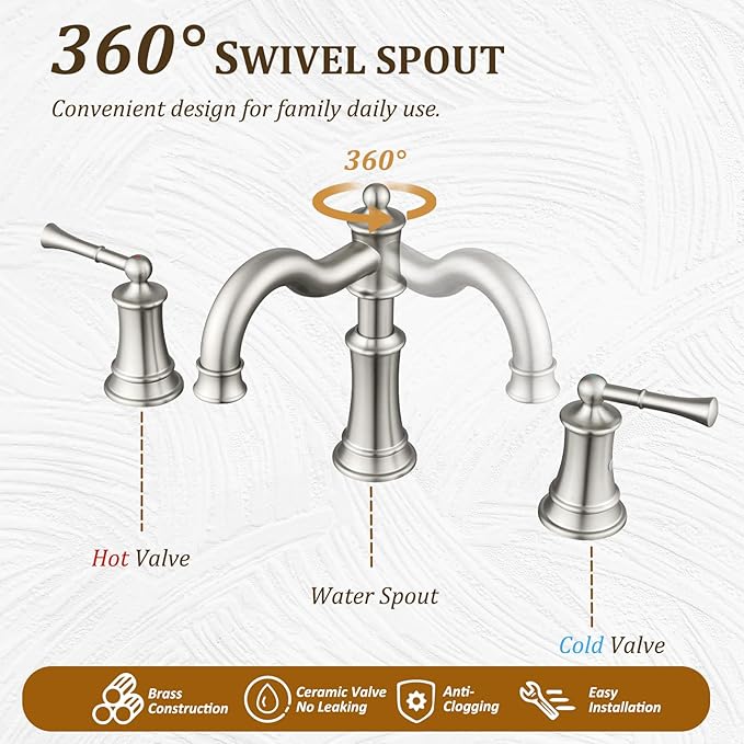 Roman Bathroom-Sink-Faucet 3 Holes, Rotated Spout Vanity Basin Faucets 2 Handles 8 inches Widespread Deck Mount Brass Faucet for Sink with Overflow Pop Up Drain Brushed Nickel NL2204-BN