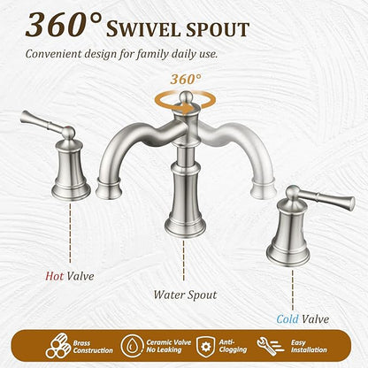 Roman Bathroom-Sink-Faucet 3 Holes, Rotated Spout Vanity Basin Faucets 2 Handles 8 inches Widespread Deck Mount Brass Faucet for Sink with Overflow Pop Up Drain Brushed Nickel NL2204-BN