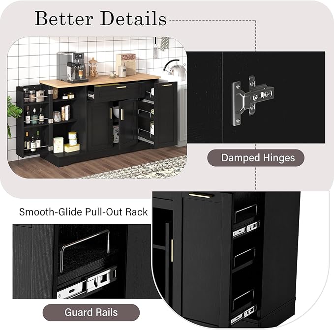Modern Kitchen Island with Extendable Dining Table, Multi-Functional Storage Sideboard with Adjustable Shelves and 3-Tier Pull-Out Rack, Islands Cart for Kitchen, Dining Room, Living Room (Black)