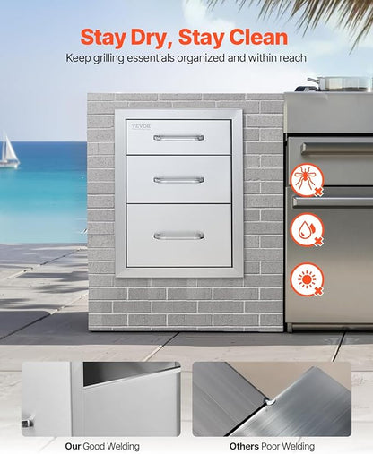 VEVOR 14x20.3 Inch Outdoor Kitchen Drawers Stainless Steel, Flush Mount Triple Drawers, 14W x 20.3H x 23D Inch, with Stainless Steel Handle, Outdoor Kitchens or BBQ Island