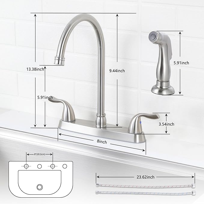 HOTIS Kitchen Faucet with Side Sprayer, 2 Handle 3 or 4 Hole Kitchen Sink Faucets 8 Inch RV Kitchen Faucet with Supply Lines, 360 Swivel Kitchen Faucet Brushed Nickel, HT-SLYT004L-S-1