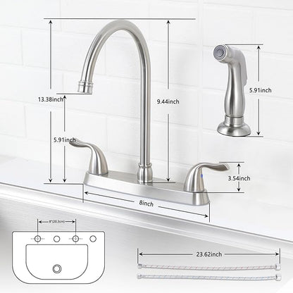 HOTIS Kitchen Faucet with Side Sprayer, 2 Handle 3 or 4 Hole Kitchen Sink Faucets 8 Inch RV Kitchen Faucet with Supply Lines, 360 Swivel Kitchen Faucet Brushed Nickel, HT-SLYT004L-S-1