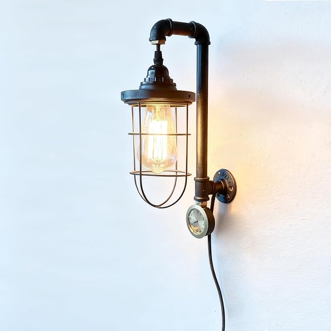 Steampunk Retro Industrial Wall Sconce, Dimmable Wall Mounted Plug in Light, Black Metal Cage Light Fixture with Clock, Vintage Style Sconce for Home, Office, Bedroom Bedside Lighting