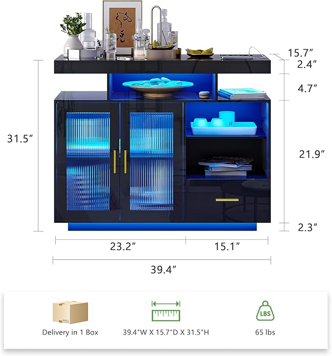 HNEBC LED Sideboard Buffet Cabinet with Charging Station, Smart Bar Cabinet with Auto RGB Lighted, High Gloss Coffee Bar with Drawer/Hutch for Living Room, Dining Room, Home Storager(Black)