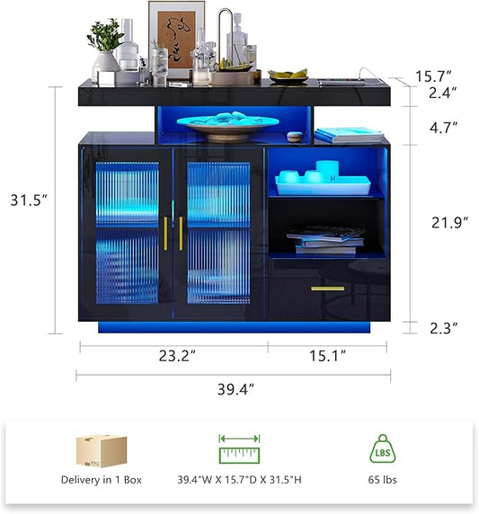 HNEBC LED Sideboard Buffet Cabinet with Charging Station, Smart Bar Cabinet with Auto RGB Lighted, High Gloss Coffee Bar with Drawer/Hutch for Living Room, Dining Room, Home Storager(Black)