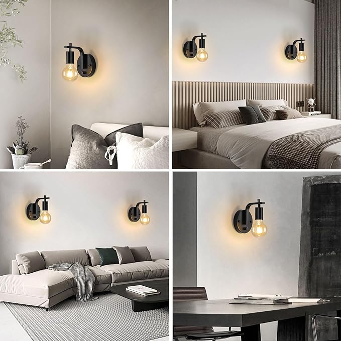 Black Wall Sconce with Switch, Dimmble Wall Lamp, Wall Mounted Bedside Lamps, Retro Wall Light E26 Industrial Wall Lighting for Living Room Kitchen