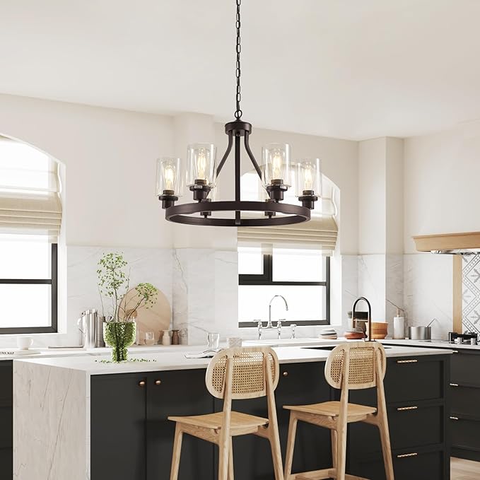 Lanhall 6-Light Farmhose Chandelier for Dining Room Light Fixture Oil Rubbed Bronze Kitchen Pendant Light Round Rustic Ceiling Hanging Lighting with Glass Globes Adjustable Height Metal E26