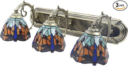 Retro Dragonfly Wall Sconce Lamp Victorian Decor Lamp 3-Light Vanity Light Fixtures Stained Glass Style Decorative Wall Lamp for Bathroom Bedroom Living Room Hotel