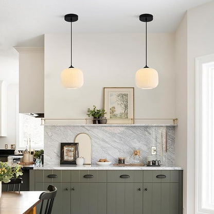 Milk Glass Round Pendant Light Striped Glass Pendant Lights Modern Globe Pendant Lights Kitchen Island Black Mid Century Hanging Ceiling Light White Pendant Light Fixture (2 Pack)