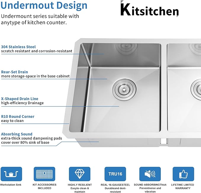 Kitsitchen RV Ktichen Sink,16 Gauge Stainless Steel Undermount Kitchen Sink with Strainer & Bottom Gird, 27" x 16" Double Bowl Kitchen Sinks Used at RV, Outdoor,Bathrom and Camper, R10 Round Corner