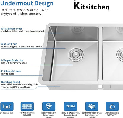 Kitsitchen RV Ktichen Sink,16 Gauge Stainless Steel Undermount Kitchen Sink with Strainer & Bottom Gird, 27" x 16" Double Bowl Kitchen Sinks Used at RV, Outdoor,Bathrom and Camper, R10 Round Corner