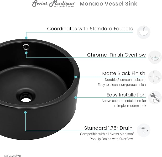Swiss Madison Well Made Forever, Monaco 16.5” Round Vessel Sink in Matte Black