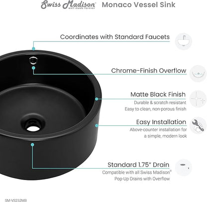 Swiss Madison Well Made Forever, Monaco 16.5” Round Vessel Sink in Matte Black