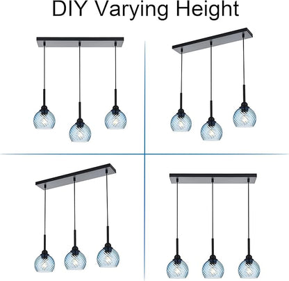 3 Light Island Lights for Kitchen with Striped Swirl Globe Glass, Black Linear Hanging Pendant Light Fixture Farmhouse Chandelier for Dining Room Bar Living Room