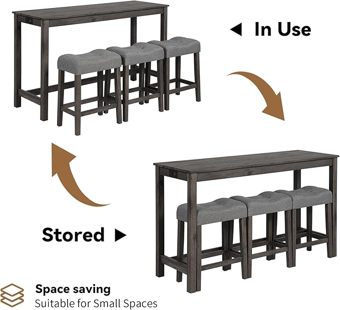 HMFULE 59'' Dining Bar Table and Chairs Set with Power Outlet, 4-Piece Industrial Breakfast Table Set with 3 Padded Stools, Wood Console Table Set for Kitchen Living Room Dining Room, Dark Gray