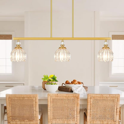 Gold Island Light for Kitchen, 3-Light Linear Chandelier for Kitchen Island with Tulip Glass Shades, Brushed Gold Finish Hanging Light Pendant Fixture Over Dining Table