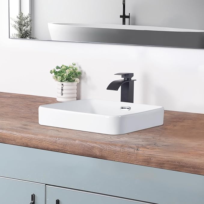 Bathroom Vessel Sink 16.6" X 16.6" Semi Recessed Bathroom Sink Square Drop In Bathroom Sinks with Overflow White Ceramic Vessel Sinks for Bathroom Modern Above Counter Basin Vanity Sink