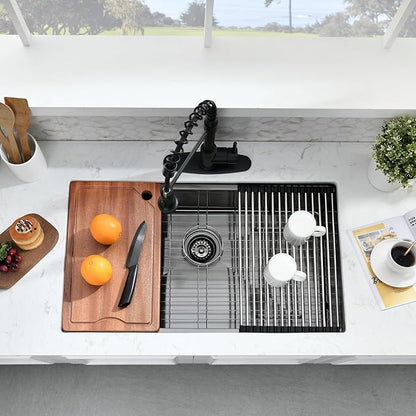 32 Inch Undermount Kitchen Sink Black - 16 Gauge Black Satainless Steel Kitchen Sink Undermount 32x19,10 Inch Deep Single Bowl Workstation Sinks with Accessories