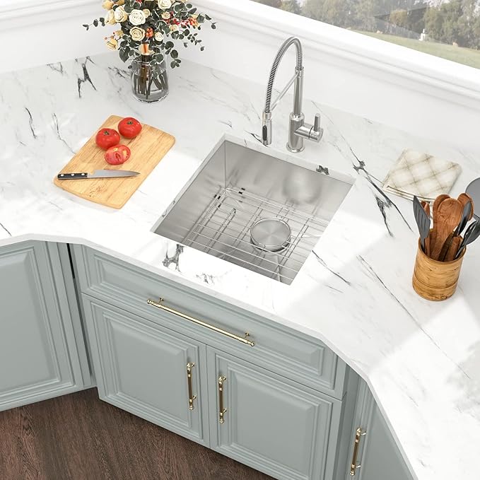 Kichae 19" x 20" Bar Prep Sink Undermount Stainless Steel Deep Single Bowl RV Wet Bar Sink 16 Gauge Round Corner Camper Handmade Kitchen Basin
