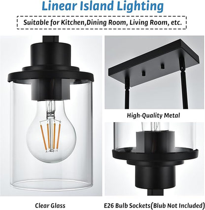 4-Light Dining Room Light Fixture, Linear Kitchen Island Lighting Black Chandelier Farmhouse Pendant Lighting for Kitchen Island Dining Table Living Room, Height Adjustable