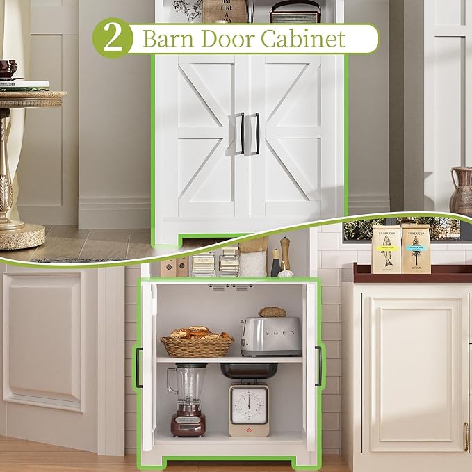 kepptory 55" Tall Kitchen Pantry, Farmhouse Storage Cabinet with Doors, Shelves and Drawer, Rustic Wood Cupboard for Kitchen, Dining Room (White)