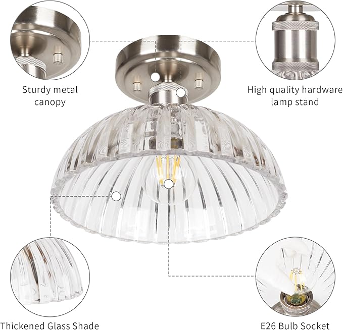 JYZ Semi Flush Mount Ceiling Light, Brushed Nickel Ceiling Light Fixture with Ribbed Glass Shade, Vintage Light fixtures for Hallway, Entryway, Bathroom, Kitchen, Bedroom