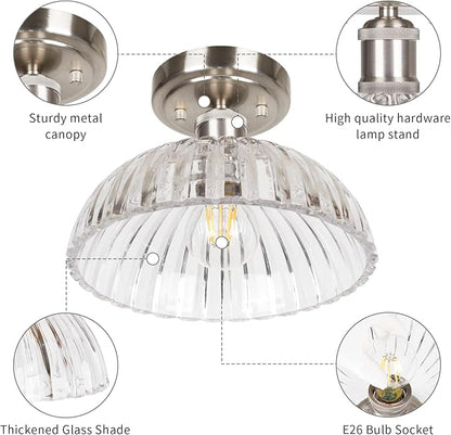 JYZ Semi Flush Mount Ceiling Light, Brushed Nickel Ceiling Light Fixture with Ribbed Glass Shade, Vintage Light fixtures for Hallway, Entryway, Bathroom, Kitchen, Bedroom