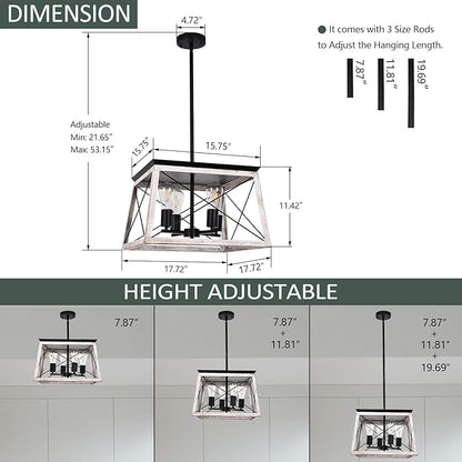 Luupyia Farmhouse Pendant Light Fixture, 4-Lights, Adjustable, Rectangular Rustic Chandeliers Farmhouse Light Fixture Vintage Island Lighting for Dining Room, Entryway and Living Room Beige