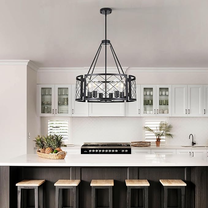 Sigaitwei 6-Light Farmhouse Chandelier Rustic Black Chandelier for Dining Room,Adjustable Pendant Light,Drum Chandelier for Kitchen Island Entryway Bedroom Hallway,21.7'',E26.