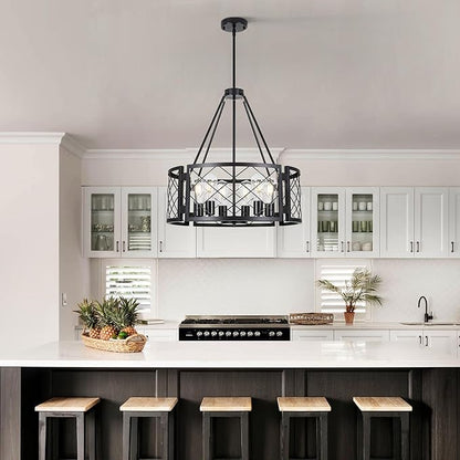 Sigaitwei 6-Light Farmhouse Chandelier Rustic Black Chandelier for Dining Room,Adjustable Pendant Light,Drum Chandelier for Kitchen Island Entryway Bedroom Hallway,21.7'',E26.
