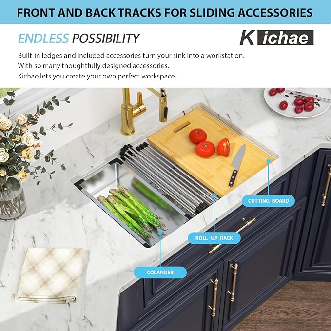 Kichae 28 inch Undermount Kitchen Sink - 28" x 19" White Granite Composite Kitchen Sink Ledge Workstation Quartz Single Bowl Deep Basin with Cutting Board