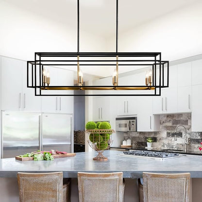 8-Light Kitchen Island Lighting, Black and Gold Rectangle Chandeliers for Dining Room, Metal Farmhouse Dining Room Light Fixtures Over Table, Linear Chandelier with Brushed Brass Socket