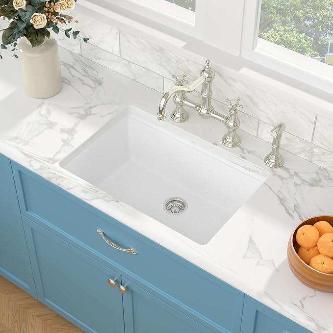 Sarlai 28 Granite Composite Kitchen Sink - 28 x 19 Inch Granite Undermount Kitchen Sink Ledge Workstation Under-Mount White Quartz Classic Single Bowl Sinks Under Counter Basin With Accessories