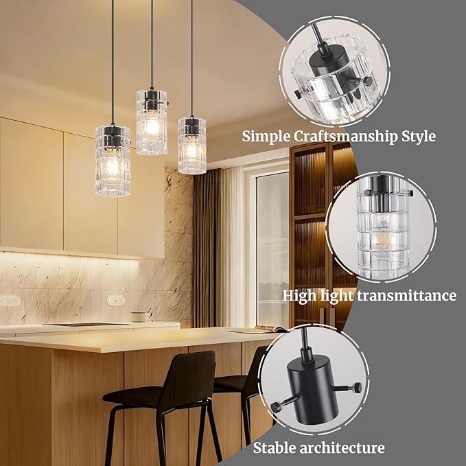 Black Glass Pendant Lights, Pendant Light Fixtures, Pendant Lights For kitchen island Living Room ,With Meatel Adjustable Hanging Rod,(3 Lights)