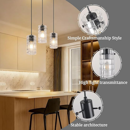 Black Glass Pendant Lights, Pendant Light Fixtures, Pendant Lights For kitchen island Living Room ,With Meatel Adjustable Hanging Rod,(3 Lights)