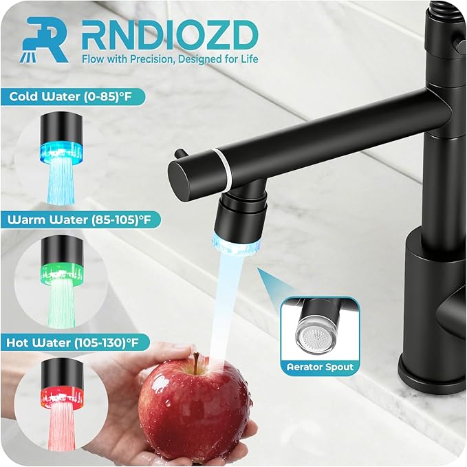 LED Kitchen Faucet with Pull Down Sprayer - Matte Black Single Handle Commercial Kitchen Faucets, 2-Spout Kitchen Sink Faucet, Stainless Steel Spring Pull Out Sink Faucet 1/3 Hole
