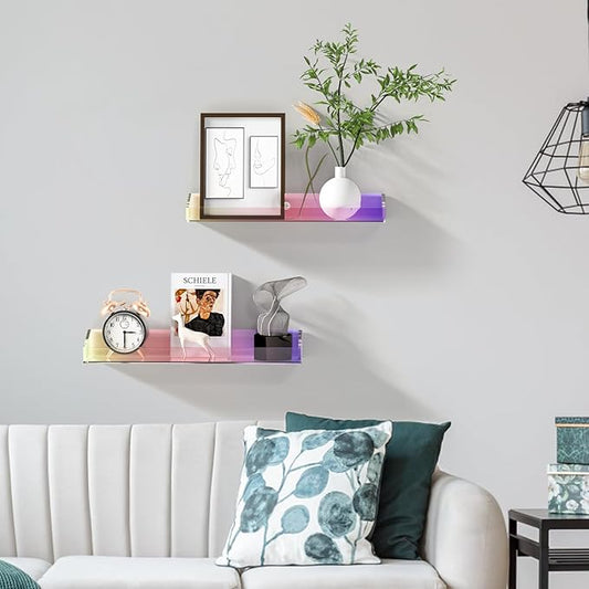 Bakzon 2 Pack Acrylic Shelves for Wall Storage, 15" Floating Shelves, Kids Bookshelf, Nail Polish Holder, Perfume Display Shelf Organizer for Bathroom, Bedroom, Living Room, Iridescent