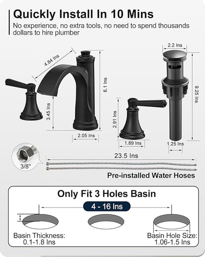 Matte Black Bathroom Faucet 3 Hole, Brass Bathroom Waterfall Faucet, 4-16 Inch Bathroom Sink Faucets, 2 Handle Widespread Faucet for Bathroom Sink with Water Supply Hoses, Pop-Up Drain