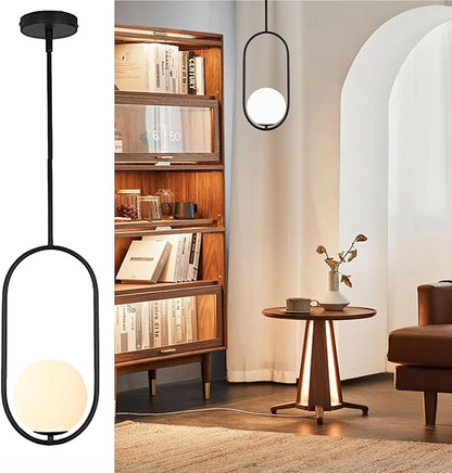 Modern Pendant Light with Milk Glass Globe Lampshade, Hanging Light Fixture for Kitchen Island, Adjustable Height Hardwired Ceiling Fixture for Dining Room, Bedroom, Hallway (1, Black)