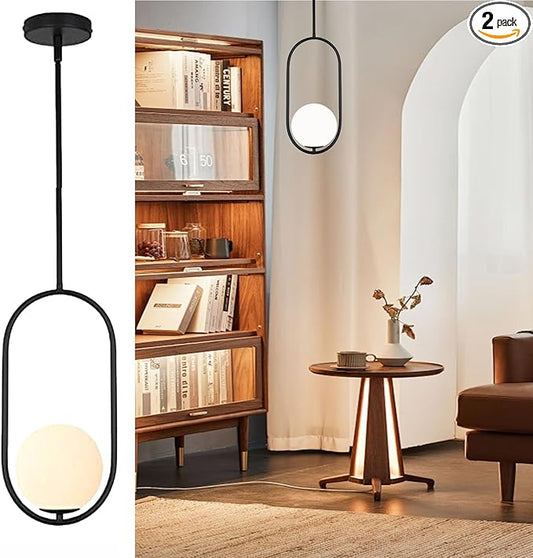 Modern Pendant Light with Opal Glass Globe, Milk Glass Globe Pendant Light for Kitchen Island, Adjustable Height Hardwired Ceiling Fixture for Dining Room, Bedroom, Hallway (2Pack, Black)