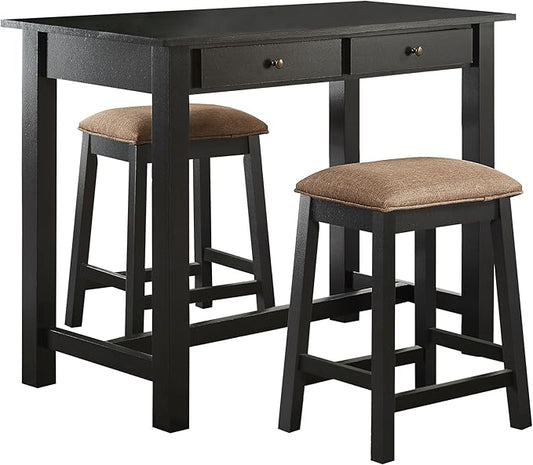 GTU Furniture 3-Piece Black Counter High Bar Set Includes Drawer Table and Two Backless Barstools with Frbaic Seat