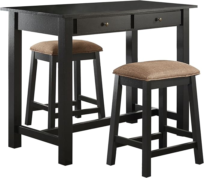 GTU Furniture 3-Piece Black Counter High Bar Set Includes Drawer Table and Two Backless Barstools with Frbaic Seat