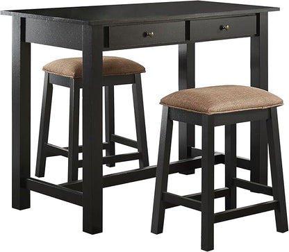 GTU Furniture 3-Piece Black Counter High Bar Set Includes Drawer Table and Two Backless Barstools with Frbaic Seat