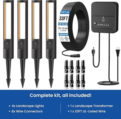 All-in-One Low Voltage Landscape Lighting Kit, 4-Pack Pathway Lights with Transformer Dusk to Dawn Outdoor Lighting 5CCT, IP66 Waterproof Landscape Lights with Connectors for Patio