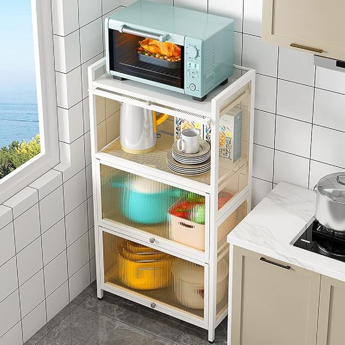 Gdrasuya10 White Kitchen Pantry Storage Buffet Cabinet, 3 Tier Metal Pantry Cabinet with Folding Doors Freestanding Kitchen Storage Cabinet Suitable for Kitchen (43'' H)