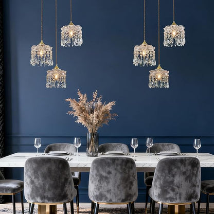 3-Light Brass Vintage Glass Pendant, Crystal Pendant Light, Adjustable Height Lighting for Kitchen Island, Dining Room, Farmhouse, Living Room (Round Chassis)