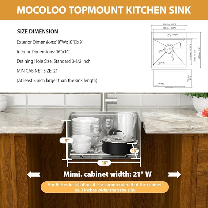 Mocoloo 18 Inch Bar Sink with Faucet, 16 Gauge Drop in Workstation Sink - 18x18x9" Stainless Steel Single Bowl Small Rv Kitchen Sink with Pull-Out Faucet