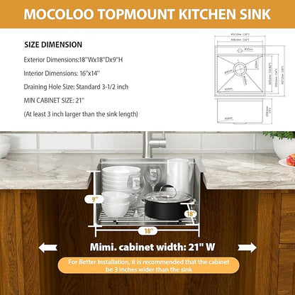 Mocoloo 18 Inch Bar Sink with Faucet, 16 Gauge Drop in Workstation Sink - 18x18x9" Stainless Steel Single Bowl Small Rv Kitchen Sink with Pull-Out Faucet