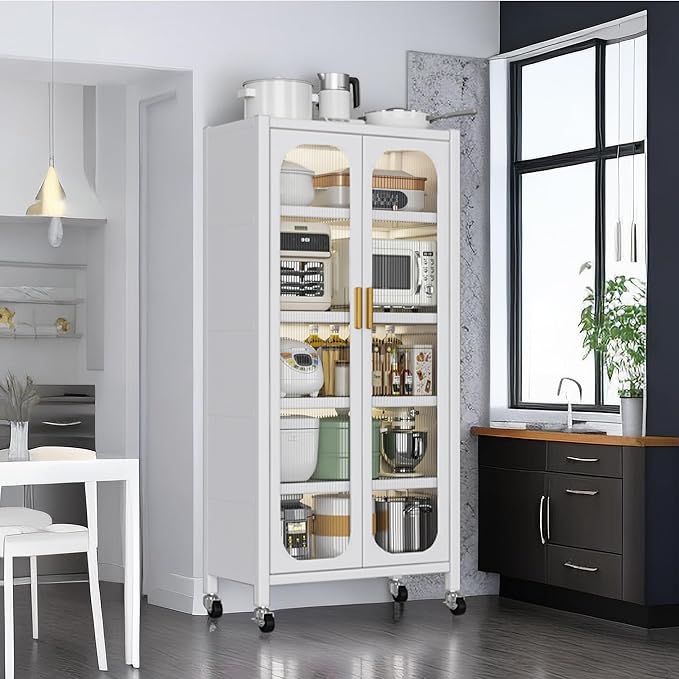Runboll Kitchen Pantry Storage Cabinet, 6 Tier Metal Sideboard with Wheels and Acrylic Glass Door, Modern Display Curio Cabinet Bookcase White