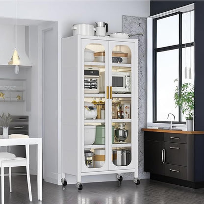 Runboll Kitchen Pantry Storage Cabinet, 6 Tier Metal Sideboard with Wheels and Acrylic Glass Door, Modern Display Curio Cabinet Bookcase White